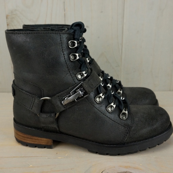 STORE CLOSING SALE UGG FRITZI BLACK LEATHER SHEEPSKIN MOTO BOOT - Picture 1 of 8